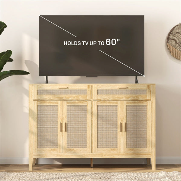 Modern Rattan Sideboard Buffet Cabinet with 2 Drawers & Wood Texture Finish