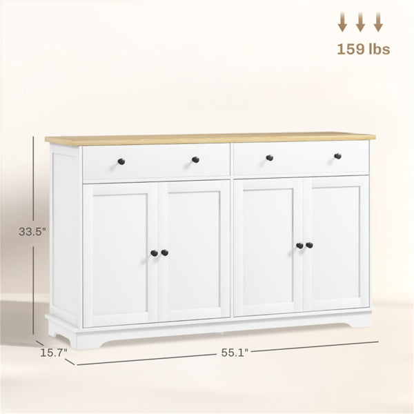 Wide White Kitchen Sideboard Buffet Cabinet with Wood Top - Modern Coffee Bar & Cupboard Storage