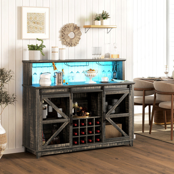 Modern Farmhouse Kitchen Storage Cabinet with Adjustable LED Lights & Coffee Bar Station - Industrial Sideboard Buffet