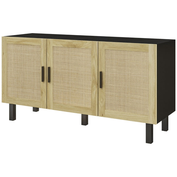 53" Boho Black Sideboard Buffet Cabinet with Natural Rattan Wicker Doors & Adjustable Shelves