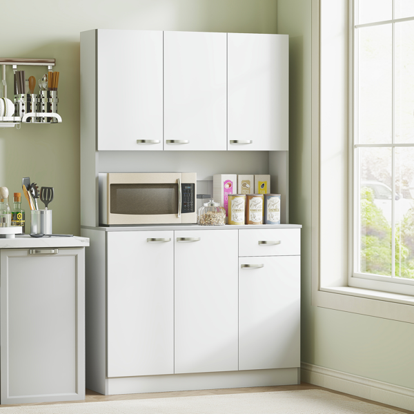 Multifunctional Kitchen Pantry Cabinet with Microwave Stand - White Storage Hutch with Adjustable Shelves & Storage Doors