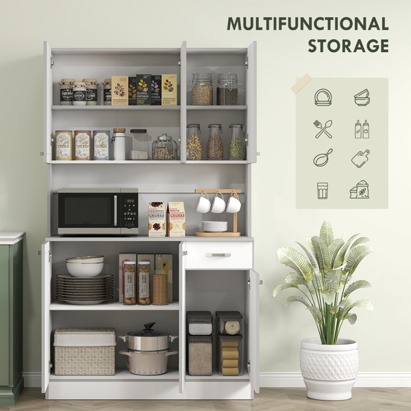 Multifunctional Kitchen Pantry Cabinet with Microwave Stand - White Storage Hutch with Adjustable Shelves & Storage Doors