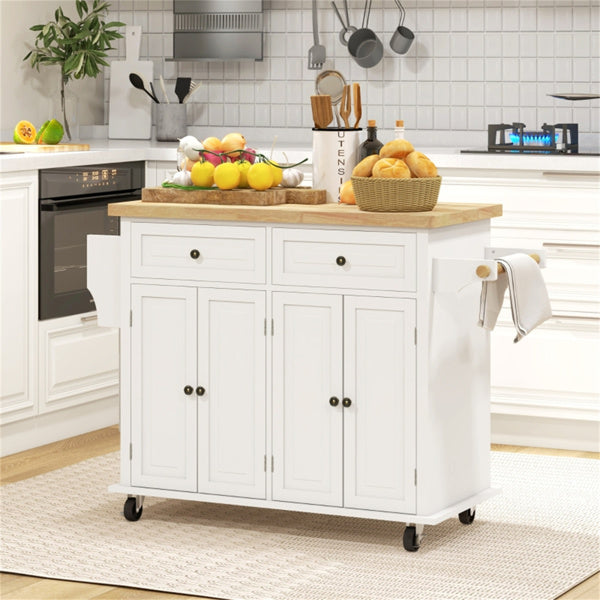 Large Rolling Kitchen Island Cart with Wood Top, Spice Rack, Towel Bar & Storage Cabinets