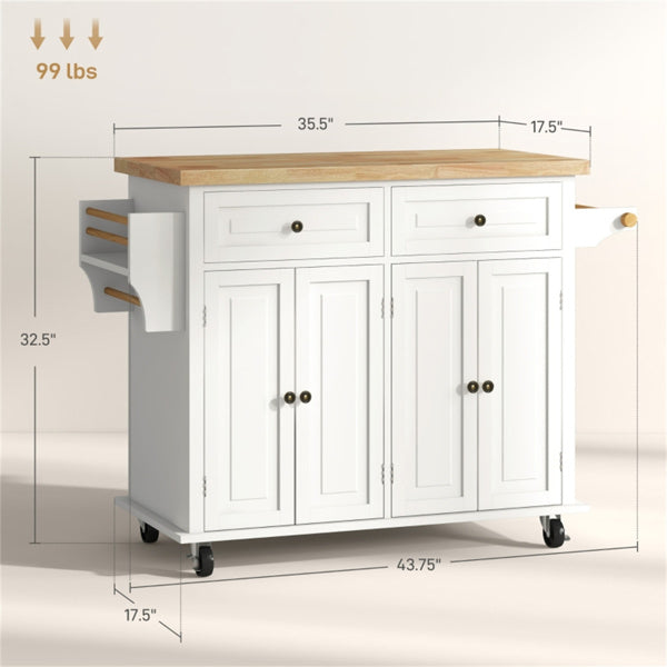 Large Rolling Kitchen Island Cart with Wood Top, Spice Rack, Towel Bar & Storage Cabinets