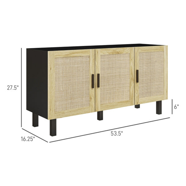 53" Boho Black Sideboard Buffet Cabinet with Natural Rattan Wicker Doors & Adjustable Shelves