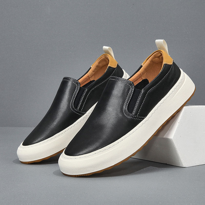 Premium Mens Genuine Leather Slip-On Loafers - Breathable Mesh Lining Comfortable Casual Walking Shoes