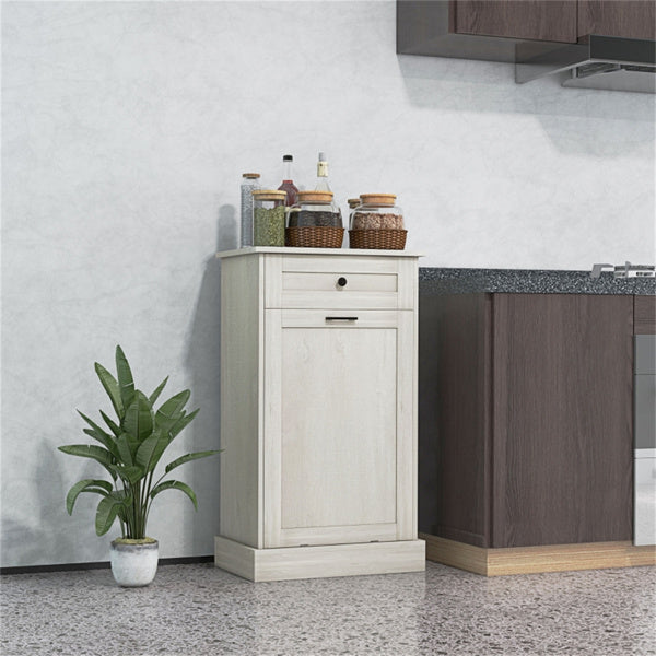 Tilt-Out Trash Bin Cabinet with Drawer & Rubber Wood Top - Hidden Kitchen Garbage Can Storage Holder