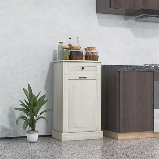 Tilt-Out Trash Bin Cabinet with Drawer & Rubber Wood Top - Hidden Kitchen Garbage Can Storage Holder