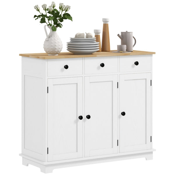 White Kitchen Sideboard Buffet Cabinet with 3 Drawers & 3 Doors - Large Coffee Bar Station with Wood Top