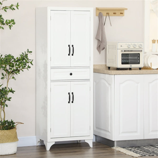 Tall White Kitchen Pantry Storage Cabinet with Adjustable Shelves & Center Drawer