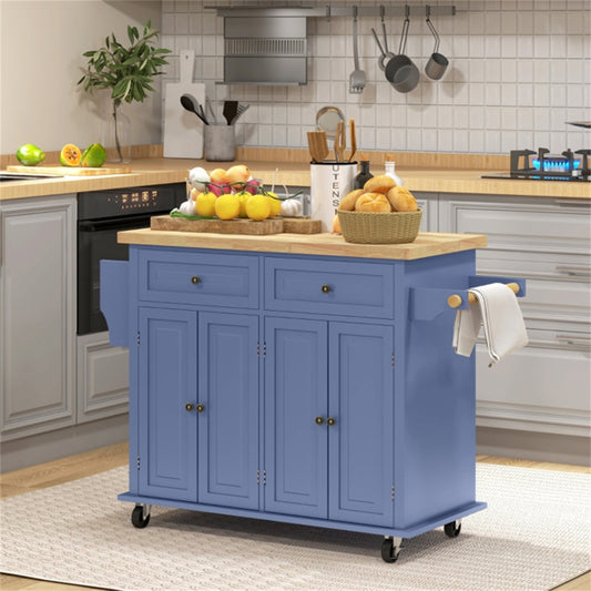 Navy Blue Kitchen Island Cart with Wood Top, Spice Rack, Towel Bar & Rolling Storage Cabinets