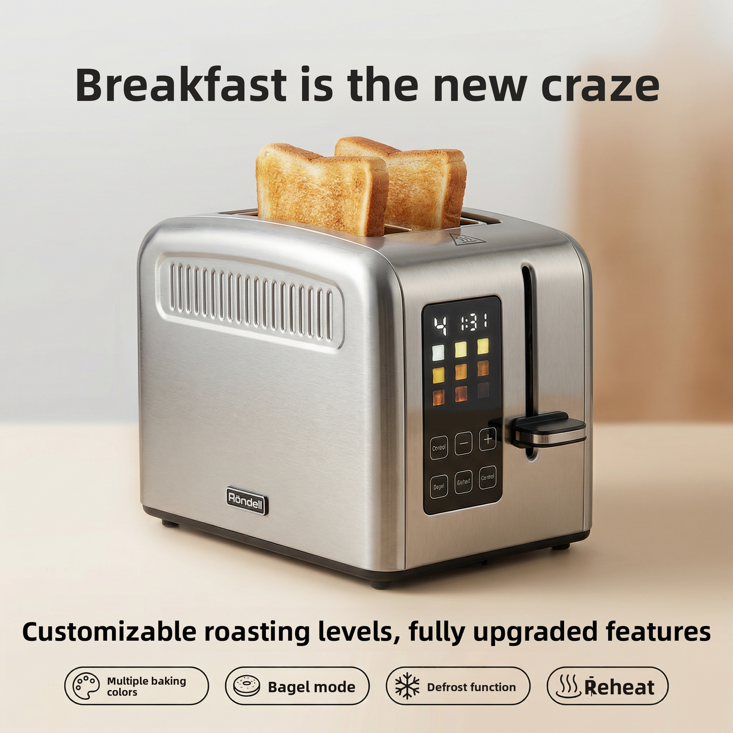 Smart Digital 2-Slice Toaster with Touchscreen - Customizable Roasting Levels & Stainless Steel Finish