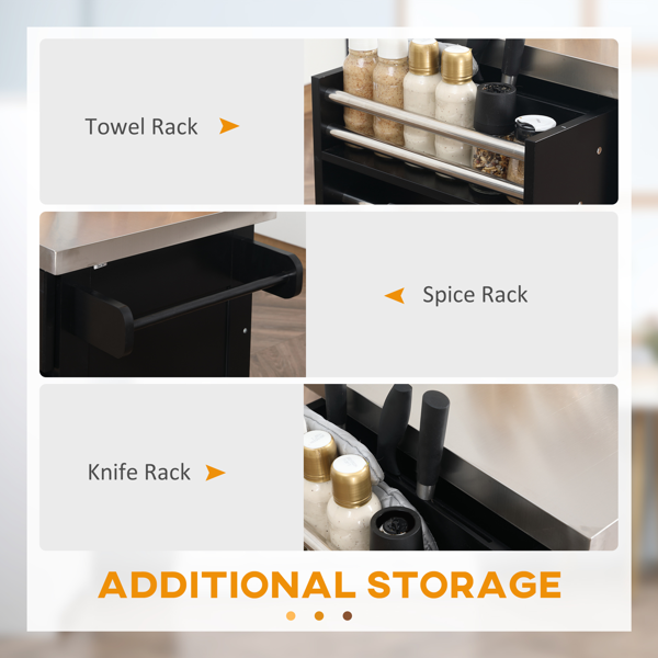 Rolling Kitchen Island Cart with Towel Rack & Spice Rack - White Mobile Storage Cabinet with Rubberwood Top & 2 Drawers - Portable Kitchen Table