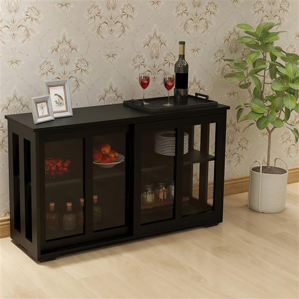 Modern Black Buffet Sideboard with Sliding Glass Doors - Multipurpose Kitchen Storage & Coffee Bar Cabinet