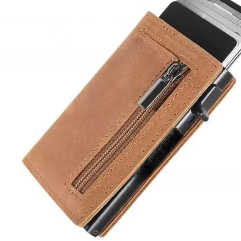 Luxury Genuine Leather RFID Blocking Wallet - Slim Pop-up Card Holder with Zipper