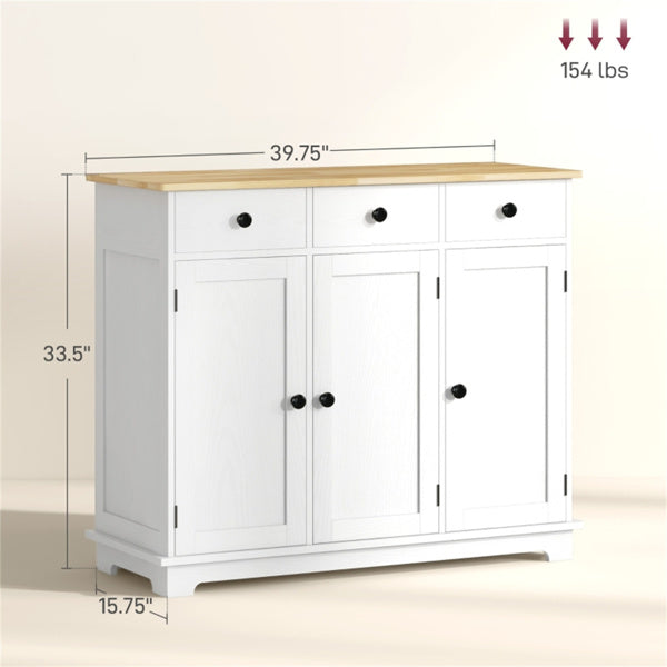 White Kitchen Sideboard Buffet Cabinet with 3 Drawers & 3 Doors - Large Coffee Bar Station with Wood Top