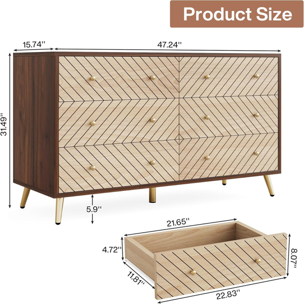 Modern 6-Drawer Bedroom Dresser - Elegant Storage Chest with Gold Legs - Wood Grain Finish Clothes Organizer