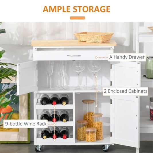 White Kitchen Island Cart with 9-Bottle Wine Rack, Coffee Bar Cabinet & Rolling Storage Sideboard