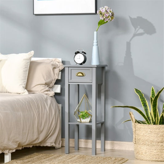 Slim Grey Nightstand Side Table with Drawer & Storage Shelf for Small Spaces