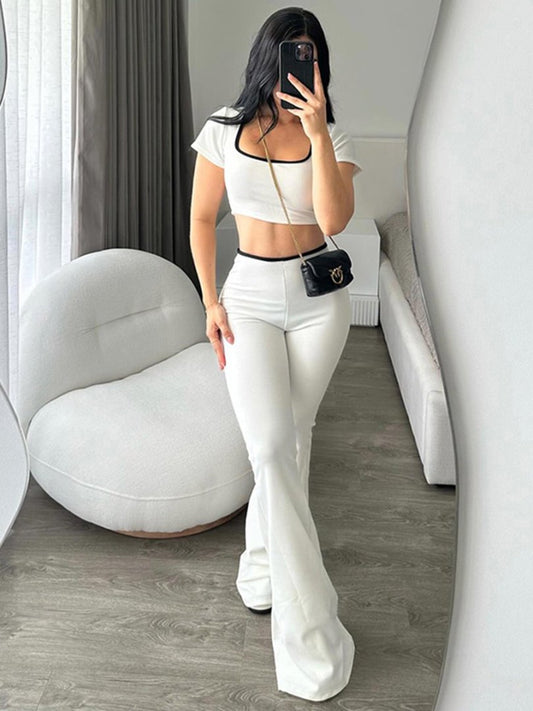 Casual Sports Style Two-Piece Set for Women - Modern Slim Fit Body-Contouring Crop Top & Flared Pants Outfit