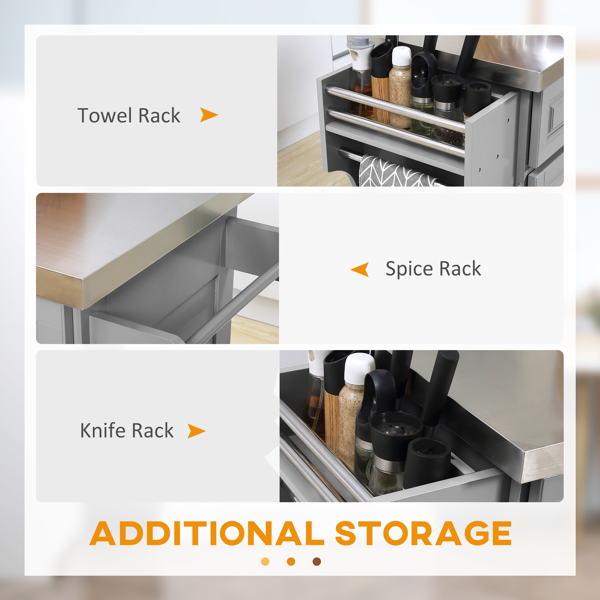 Modern Rolling Kitchen Island with Stainless Steel Top - Mobile Storage Cabinet with Drawers & Towel Rack - Grey Kitchen Cart