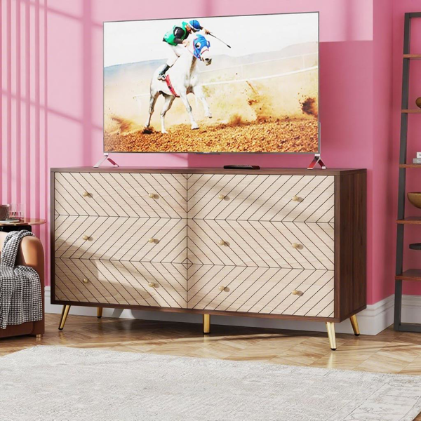 Modern 6-Drawer Bedroom Dresser - Elegant Storage Chest with Gold Legs - Wood Grain Finish Clothes Organizer