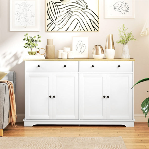 Wide White Kitchen Sideboard Buffet Cabinet with Wood Top - Modern Coffee Bar & Cupboard Storage
