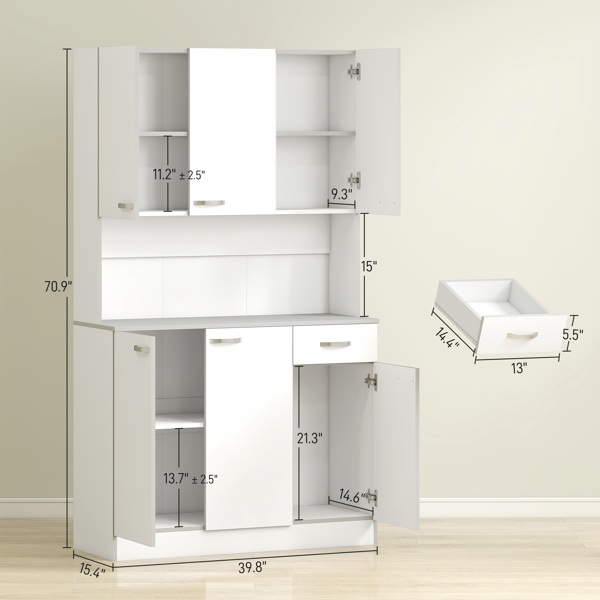 Multifunctional Kitchen Pantry Cabinet with Microwave Stand - White Storage Hutch with Adjustable Shelves & Storage Doors