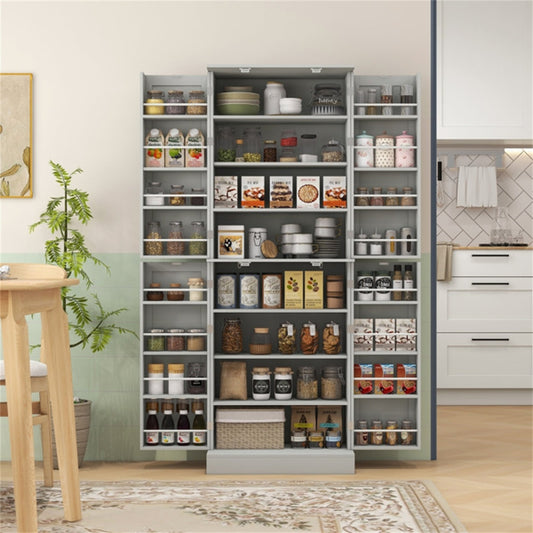 Tall Grey Kitchen Pantry Storage Cabinet with 8-Tier Adjustable Shelves & 16 Built-in Spice Racks