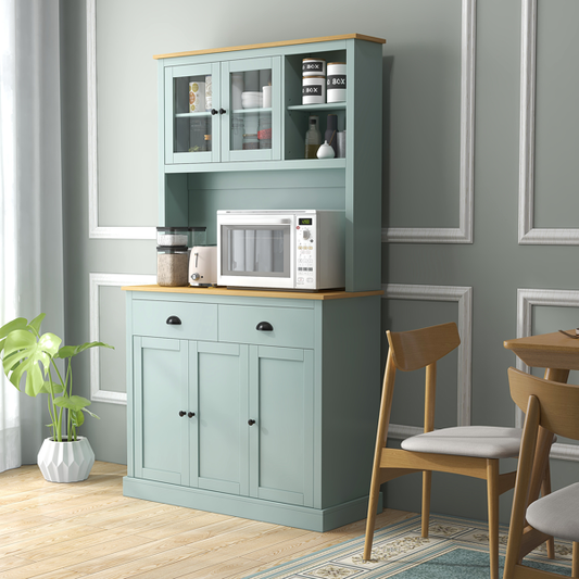 Classic White Kitchen Pantry Cabinet - Large Storage Hutch with Open Countertop Shelf & Double Shaker Doors - Tall Freestanding Pantry Cupboard