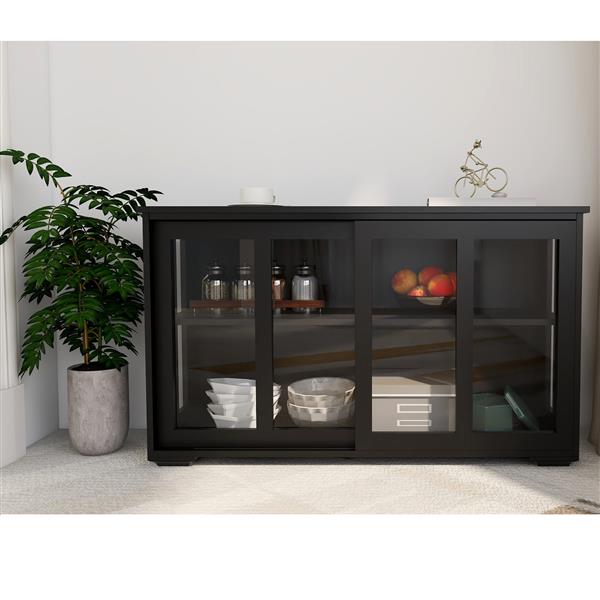 Modern Black Buffet Sideboard with Sliding Glass Doors - Multipurpose Kitchen Storage & Coffee Bar Cabinet
