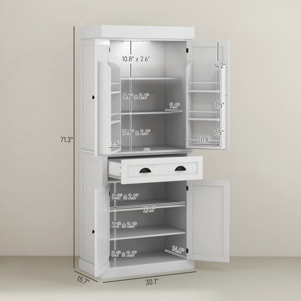 Modern Kitchen Pantry Cabinet with Sensor LED Lights - Large Storage Hutch with 3-Level Adjustable Shelving & Large Drawer - White Cabinet