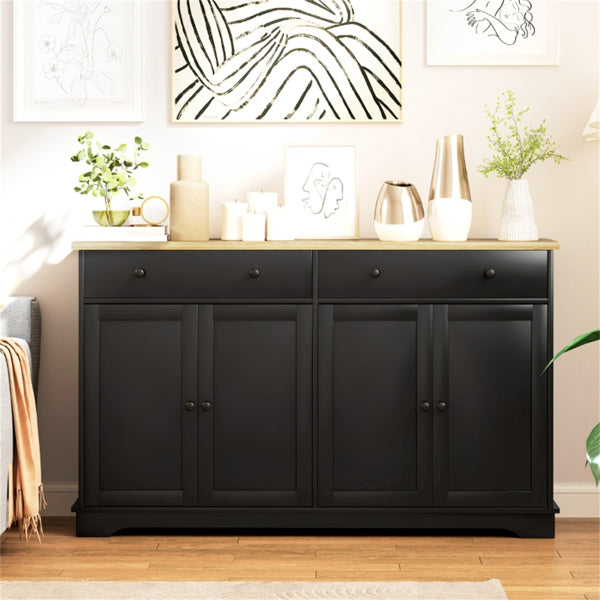 Black Kitchen Sideboard Buffet Cabinet with Wood Top - Modern Coffee Bar & Cupboard Storage