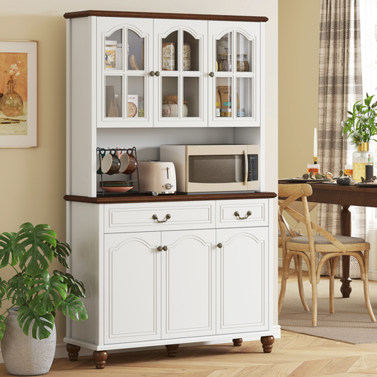 Tall White Kitchen Pantry Cabinet with Drawer - Large Standing Storage Hutch with 4 Doors & Adjustable Shelves - Elegant Home Pantry Cupboard