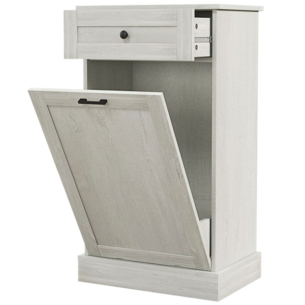 Tilt-Out Trash Bin Cabinet with Drawer & Rubber Wood Top - Hidden Kitchen Garbage Can Storage Holder