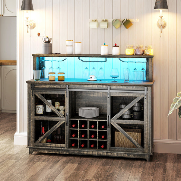 Modern Farmhouse Kitchen Storage Cabinet with Adjustable LED Lights & Coffee Bar Station - Industrial Sideboard Buffet