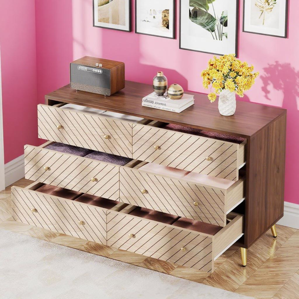 Modern 6-Drawer Bedroom Dresser - Elegant Storage Chest with Gold Legs - Wood Grain Finish Clothes Organizer