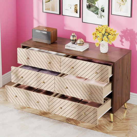 Modern 6-Drawer Bedroom Dresser - Elegant Storage Chest with Gold Legs - Wood Grain Finish Clothes Organizer