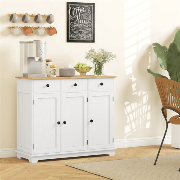 White Kitchen Sideboard Buffet Cabinet with 3 Drawers & 3 Doors - Large Coffee Bar Station with Wood Top