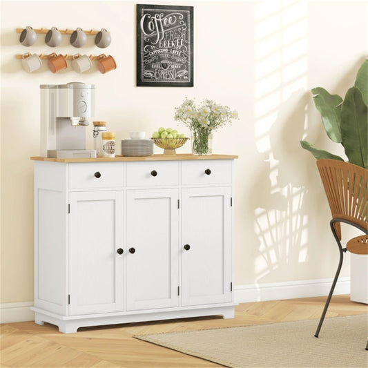 White Kitchen Sideboard Buffet Cabinet with 3 Drawers & 3 Doors - Large Coffee Bar Station with Wood Top
