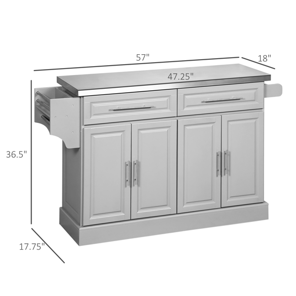 Modern Rolling Kitchen Island with Stainless Steel Top - Mobile Storage Cabinet with Drawers & Towel Rack - Grey Kitchen Cart