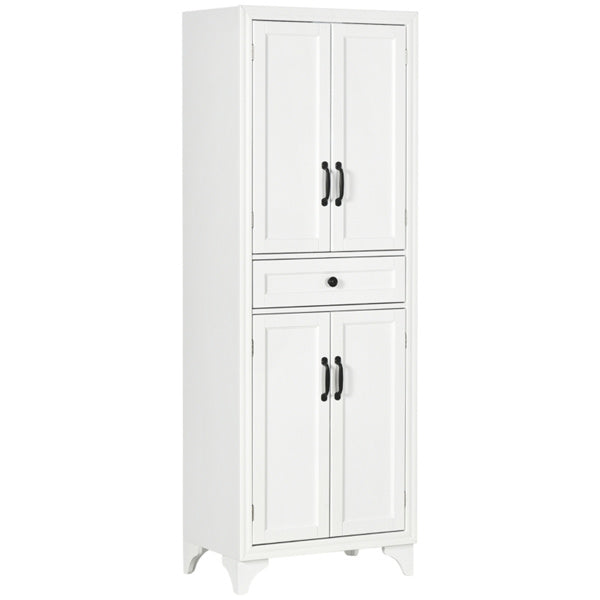 Tall White Kitchen Pantry Storage Cabinet with Adjustable Shelves & Center Drawer