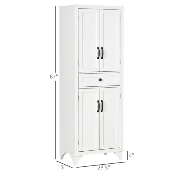 Tall White Kitchen Pantry Storage Cabinet with Adjustable Shelves & Center Drawer