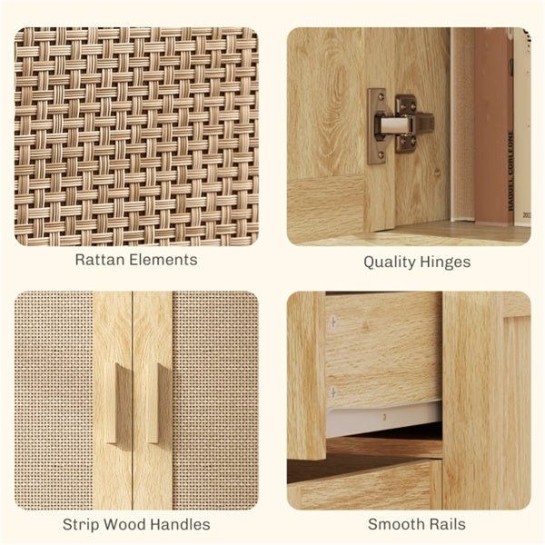 Modern Rattan Sideboard Buffet Cabinet with 2 Drawers & Wood Texture Finish