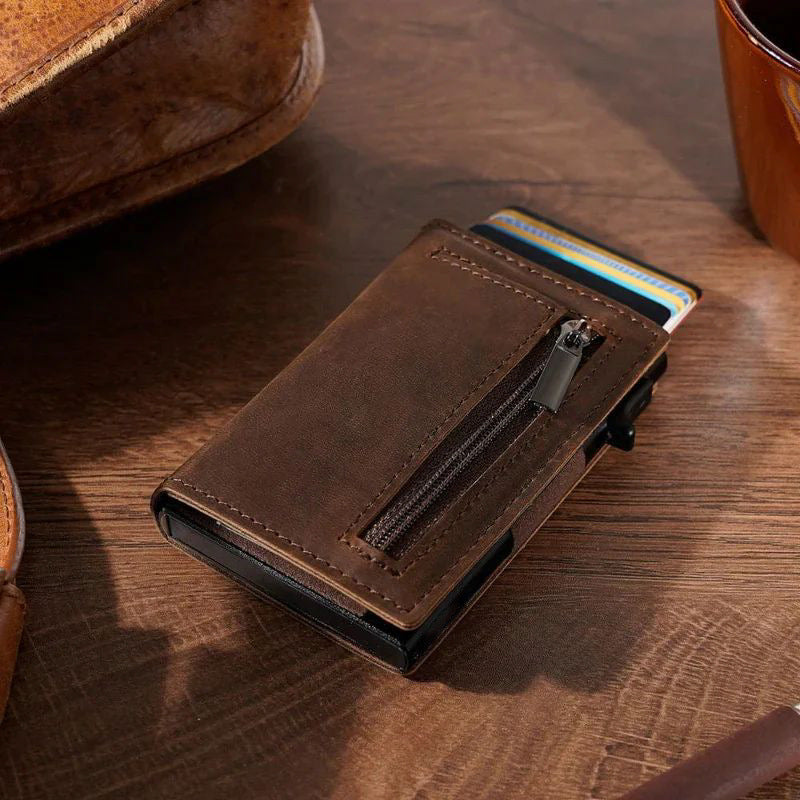Luxury Genuine Leather RFID Blocking Wallet - Slim Pop-up Card Holder with Zipper