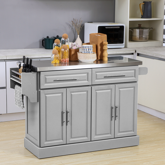 Modern Rolling Kitchen Island with Stainless Steel Top - Mobile Storage Cabinet with Drawers & Towel Rack - Grey Kitchen Cart