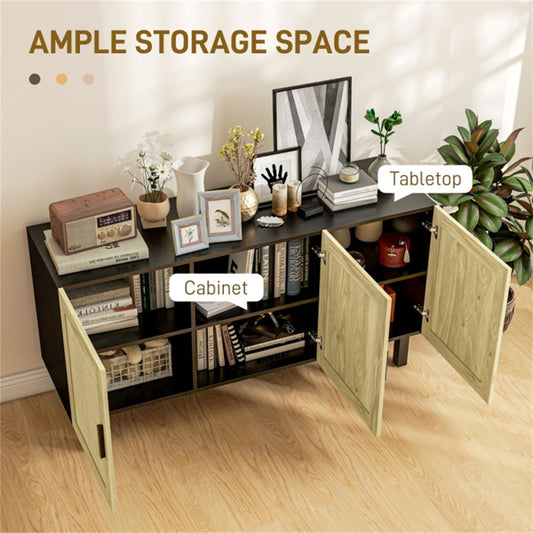 53" Boho Black Sideboard Buffet Cabinet with Natural Rattan Wicker Doors & Adjustable Shelves