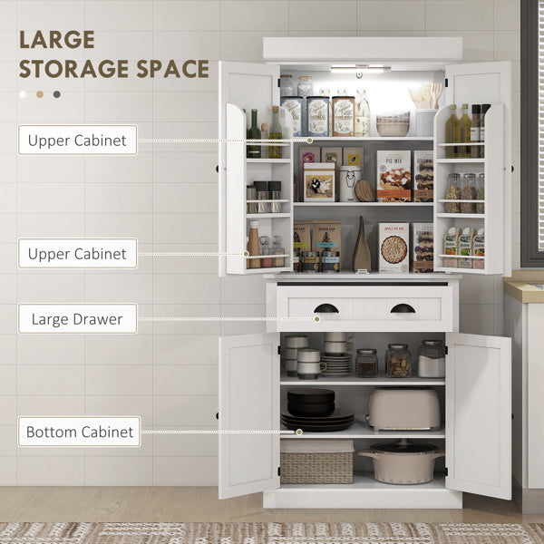 Modern Kitchen Pantry Cabinet with Sensor LED Lights - Large Storage Hutch with 3-Level Adjustable Shelving & Large Drawer - White Cabinet
