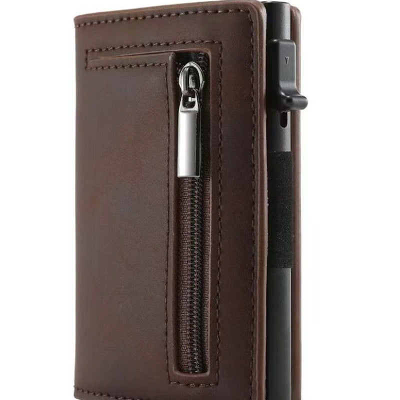 Luxury Genuine Leather RFID Blocking Wallet - Slim Pop-up Card Holder with Zipper