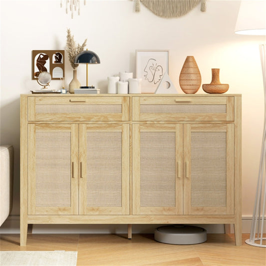 Modern Rattan Sideboard Buffet Cabinet with 2 Drawers & Wood Texture Finish